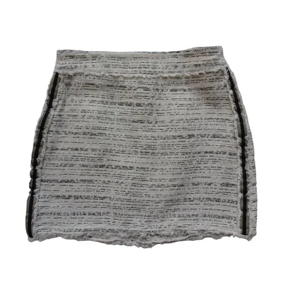 ZARA Basic Women's Tweed Mini Skirt Frayed With Stripe Detail Ecru Textured S - Picture 3 of 12